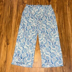 Stella Parker women pants cropped ankle  Blue White Floral pull on wide leg